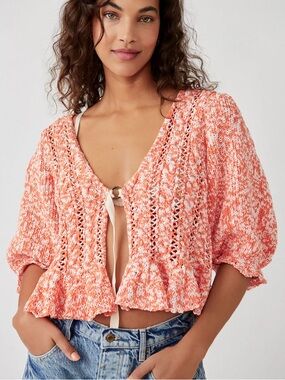 Free People Yesterday Tie Front Puff Sleeve Pointelle Cardigan Size S